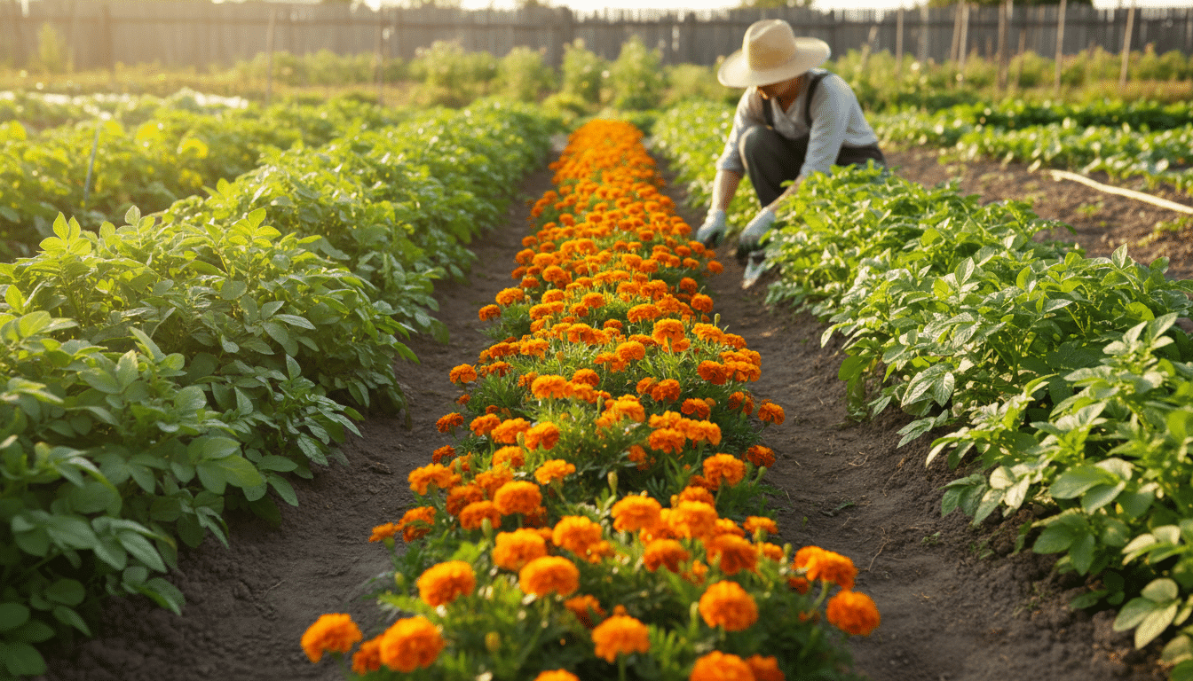 Œillets d'Inde plantés entre des plants de pommes de terre