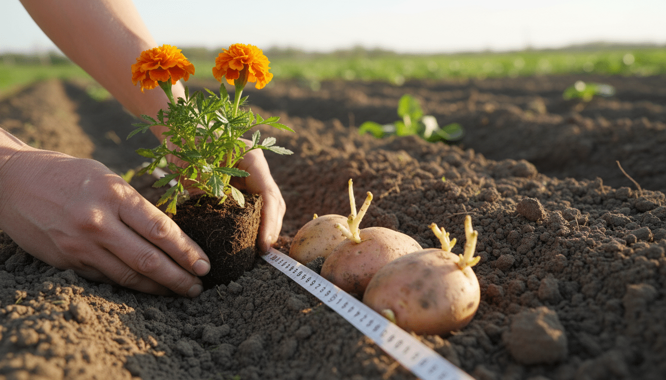Plantation d'un œillet d'Inde en godet dans un sillon de potager