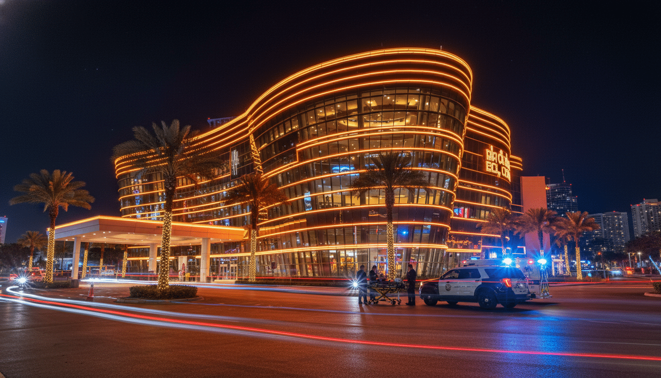 Casino d'Hollywood en Floride de nuit avec véhicules de police
