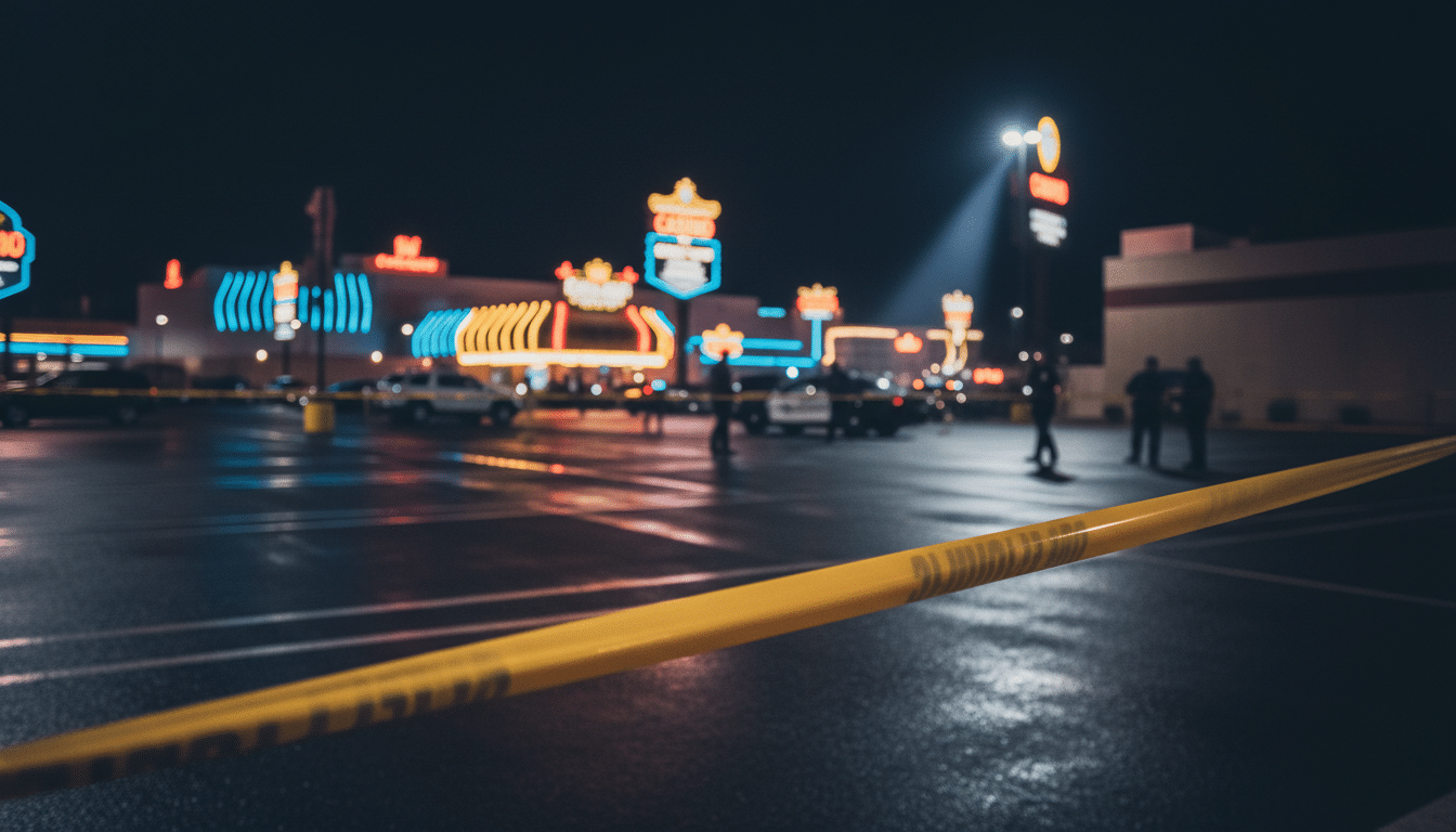 Ruban de police devant un parking de casino la nuit