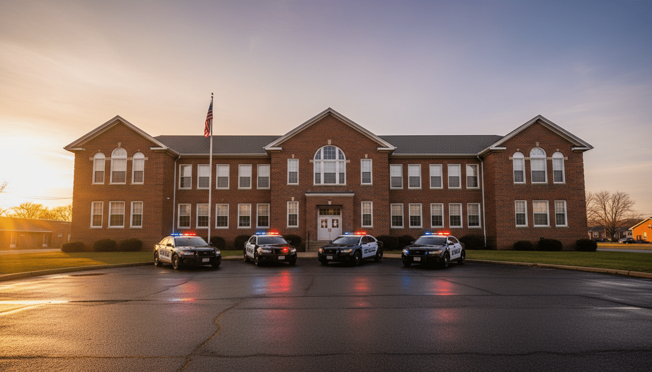 Lycée de Pauls Valley entouré de voitures de police