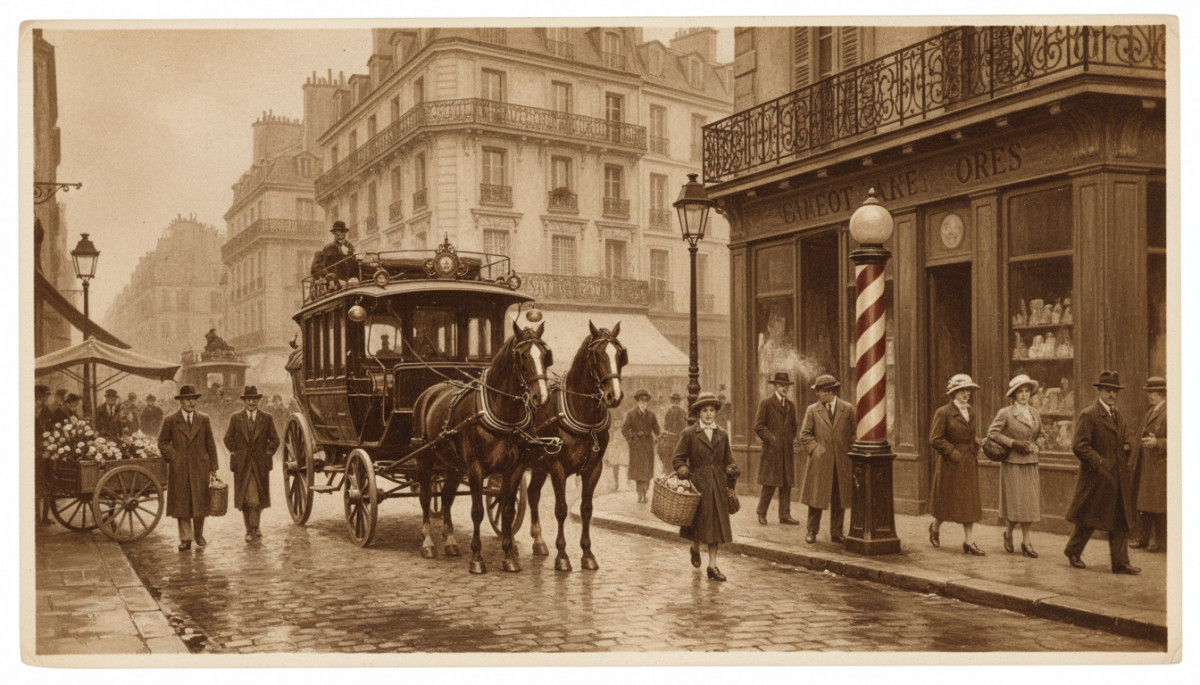 Omnibus à cheval devant un poteau d'arrêt au XIXe siècle en France