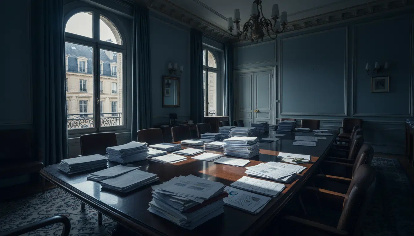 Salle de réunion bancaire vide avec des documents financiers sur une grande table, illustrant le refus des banques de financer le RN