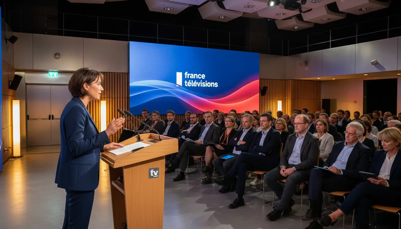 Léa Salamé prend la parole lors d'un débat France Télévisions