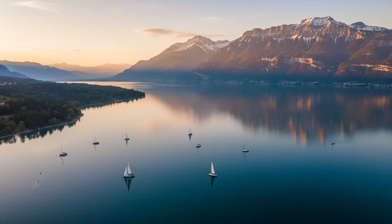 Vue aérienne du lac Léman avec les Alpes en arrière-plan, cadre du lancement du Tour de France femmes 2025