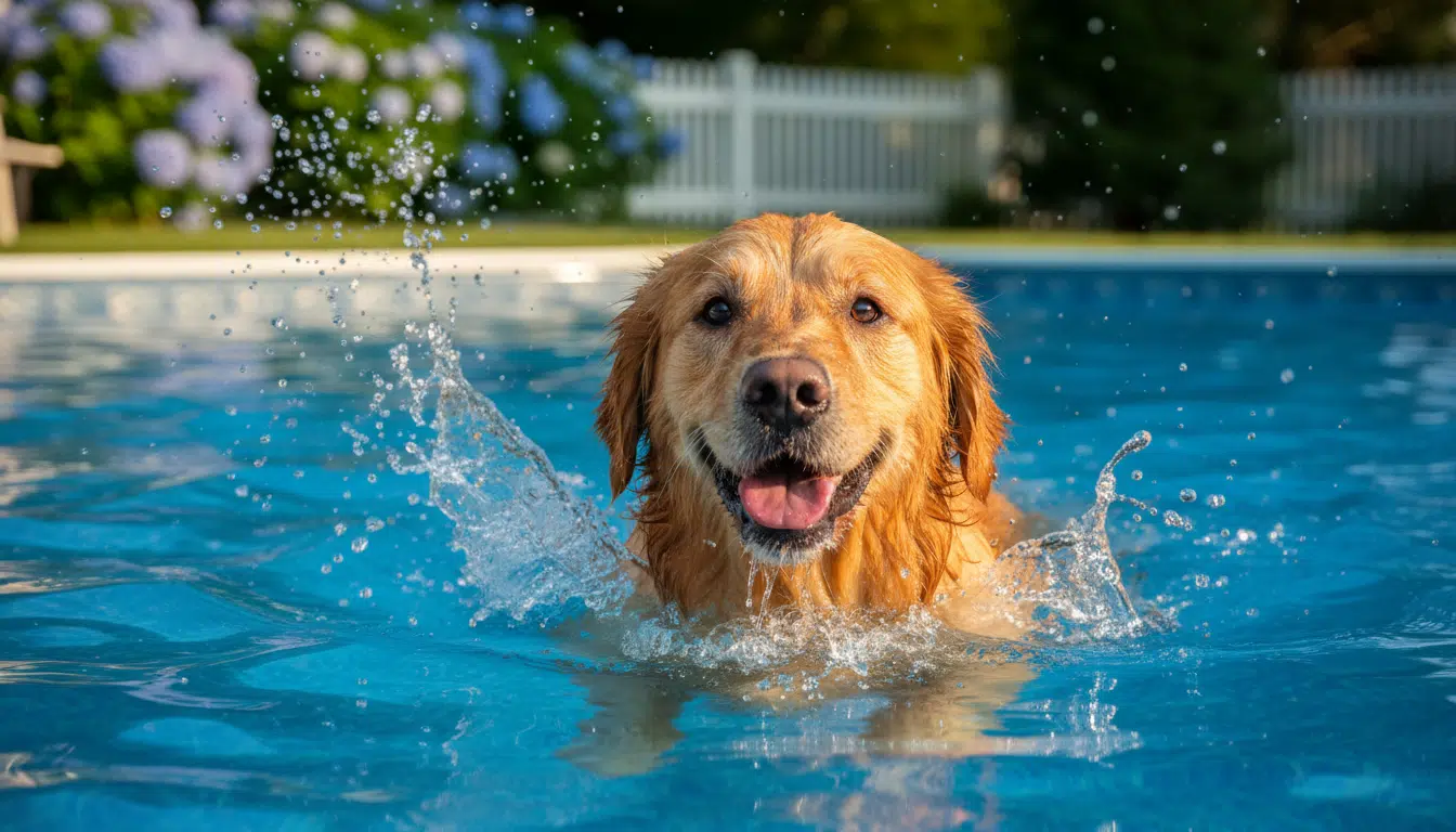 Golden Retriever nageant joyeusement dans une piscine