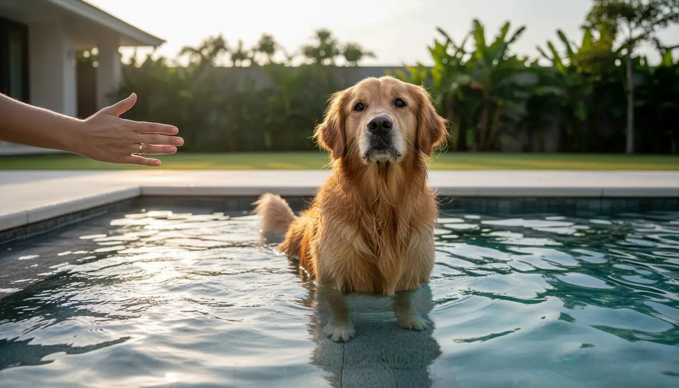 Golden Retriever assis sur les marches de la piscine refusant de sortir