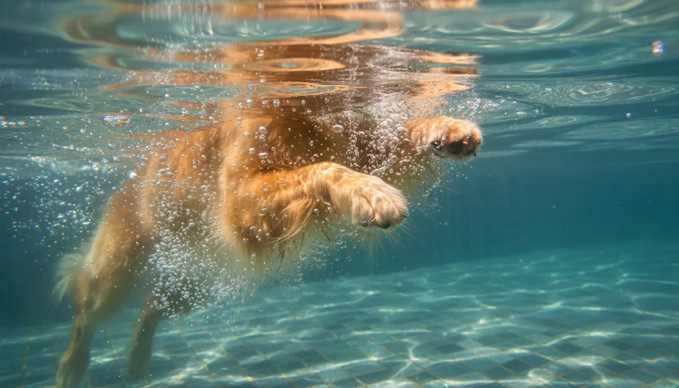 Pattes palmées d'un Golden Retriever sous l'eau