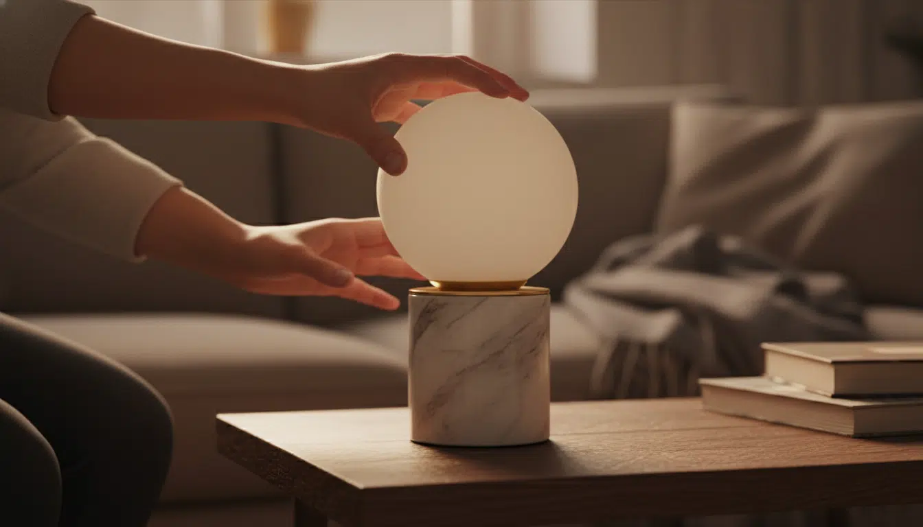 Lampe Fado IKEA posée sur un socle faux marbre fait maison
