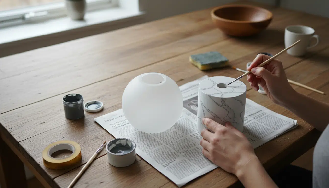 Étape de peinture effet marbré sur le socle cylindrique DIY