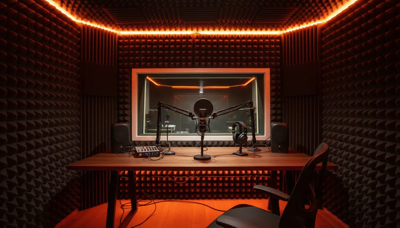 Studio d'enregistrement de podcast vide, éclairage chaud orangé, microphone professionnel sur le bureau