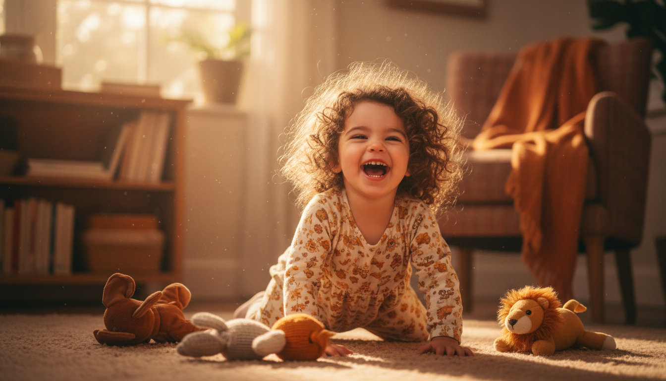 Petite fille de deux ans jouant joyeusement dans un salon