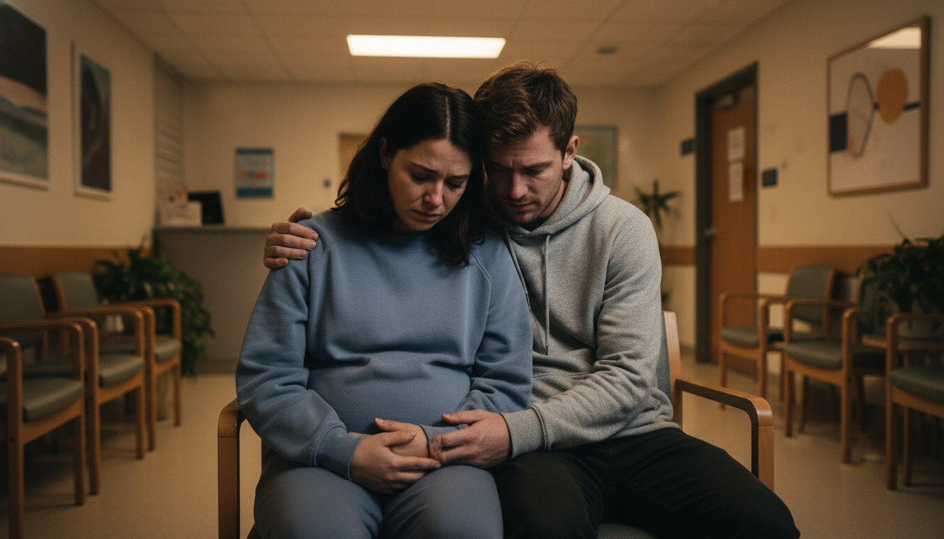 Couple en salle d'attente d'hôpital lors d'une grossesse difficile