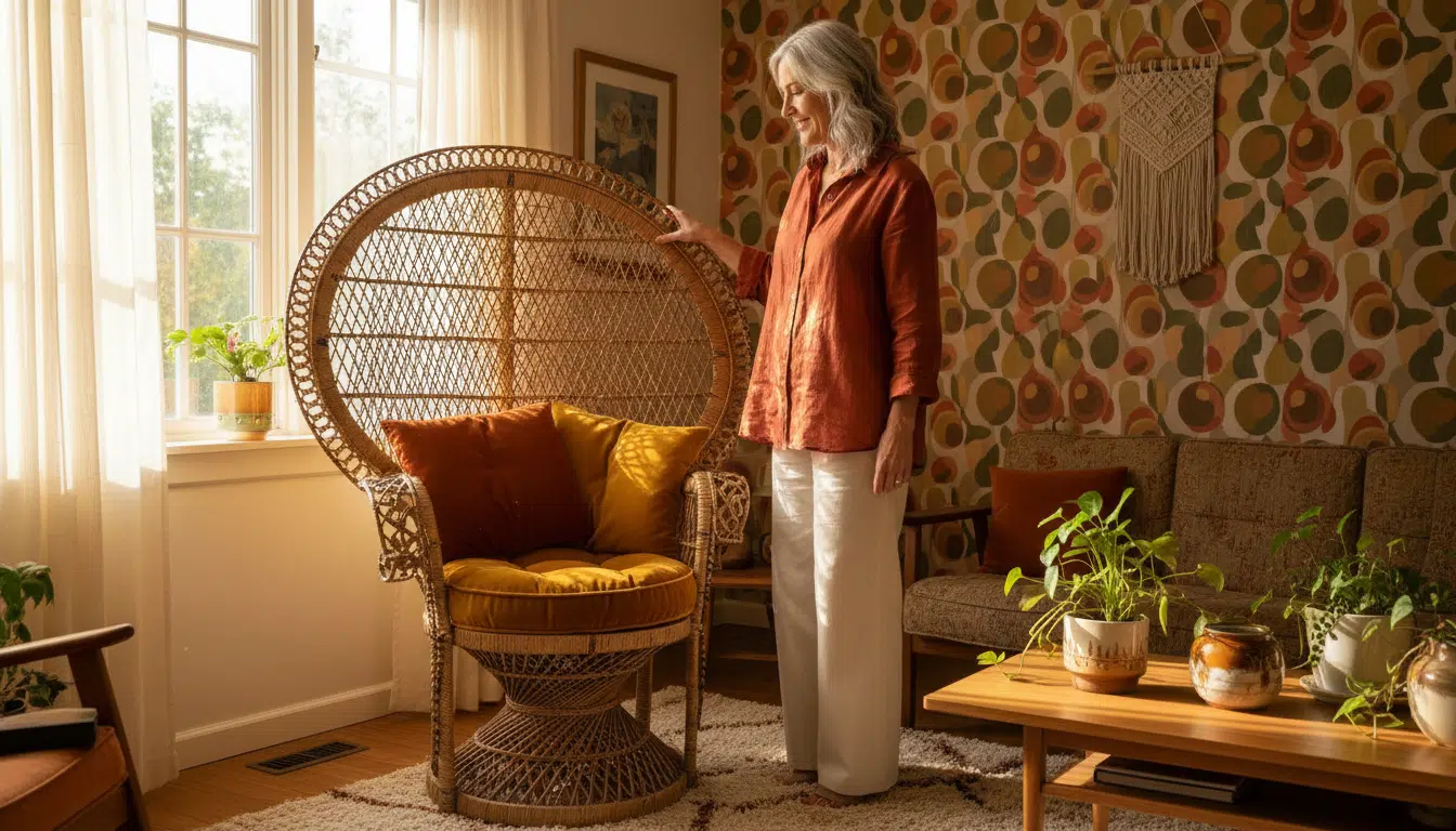 Femme admirant un fauteuil paon en rotin vintage années 70