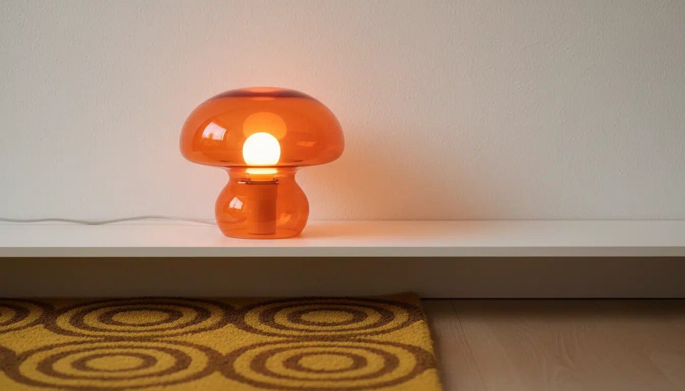 Lampe champignon orange vintage et tapis en laine à motifs géométriques