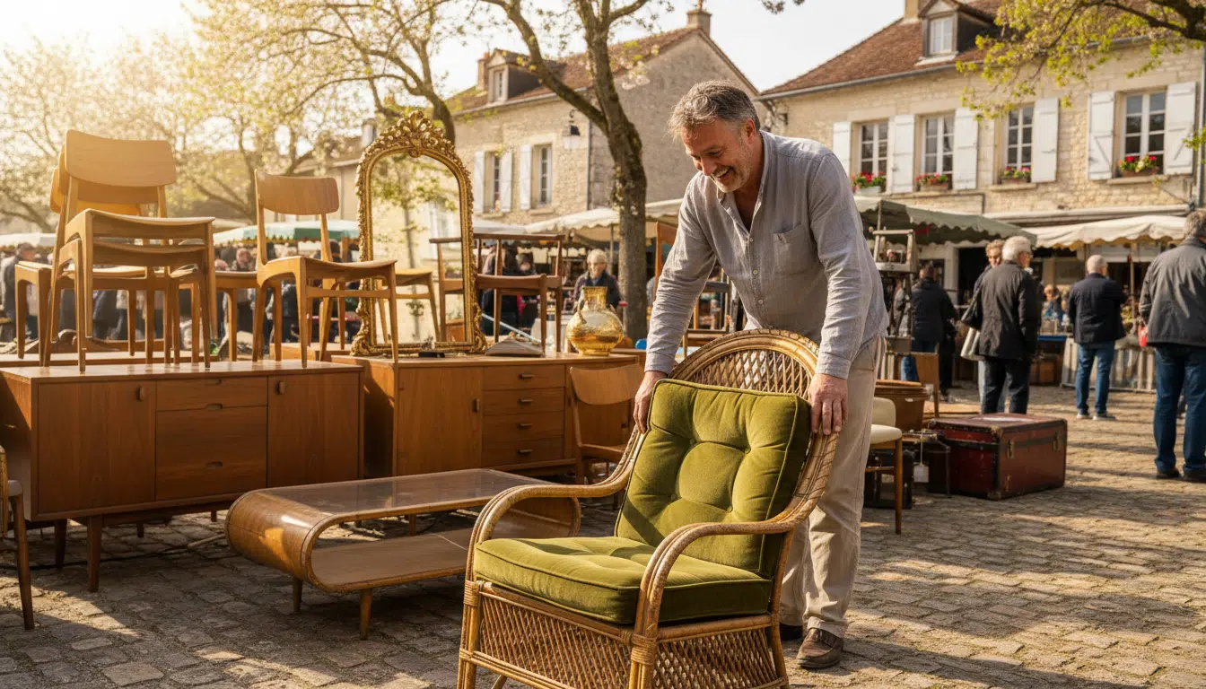 Chineur examinant un fauteuil Emmanuelle en rotin dans une brocante