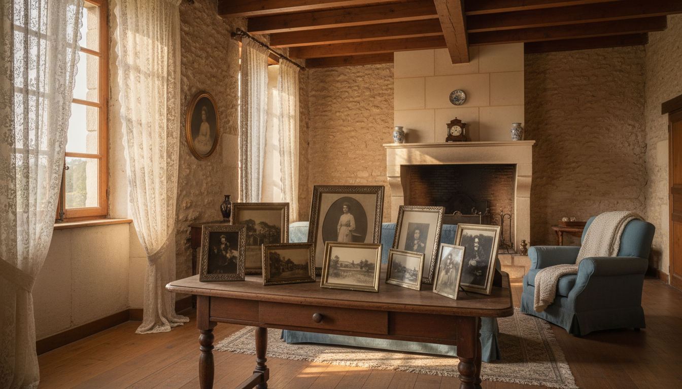 Intérieur rustique d'une maison de campagne française avec de vieilles photographies posées sur une table en bois, lumière dorée traversant les rideaux