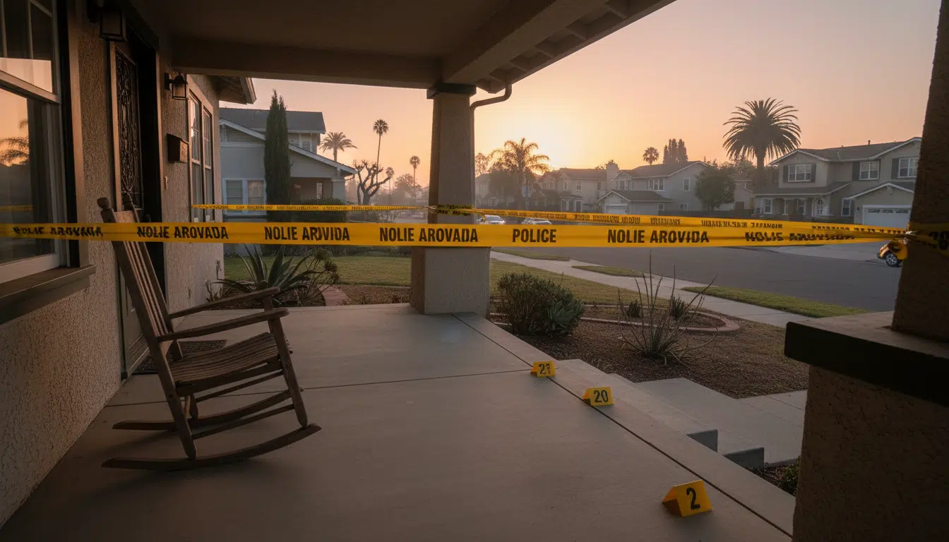 Scène de crime devant une maison en Californie à l'aube