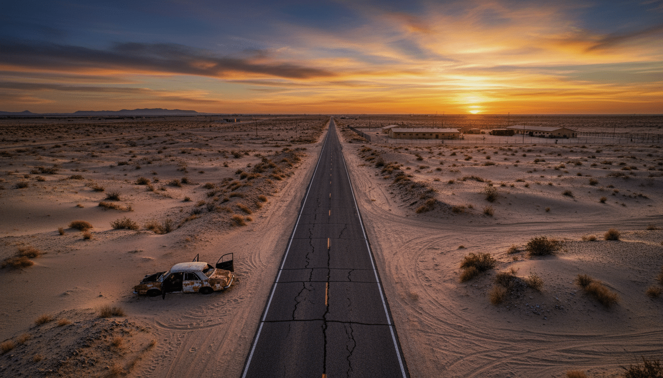 Route déserte au Nouveau-Mexique près d'une base militaire