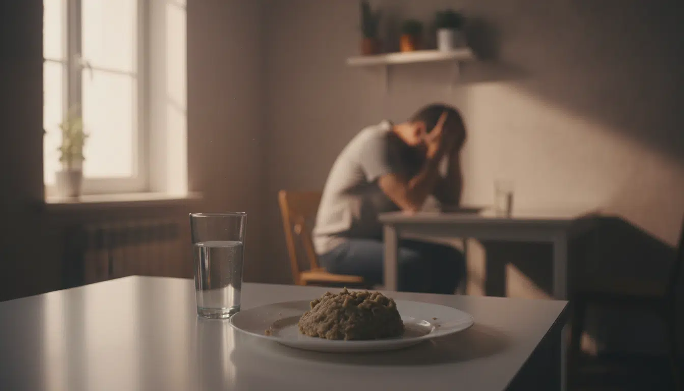Assiette intacte sur une table, homme isolé