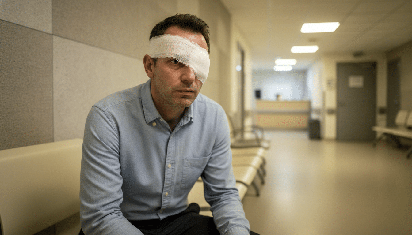 Homme blessé avec pansement sur l'œil à l'hôpital