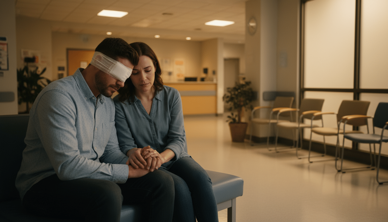 Couple inquiet dans une salle d'attente hospitalière