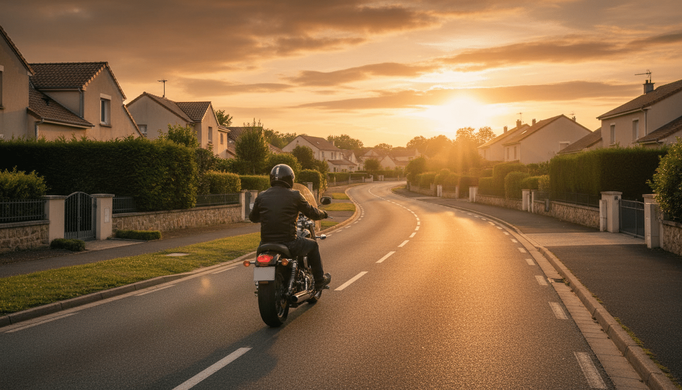 Homme en moto sur une route au coucher du soleil