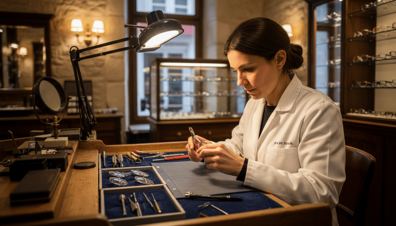 Opticien indépendant ajustant des montures dans sa boutique