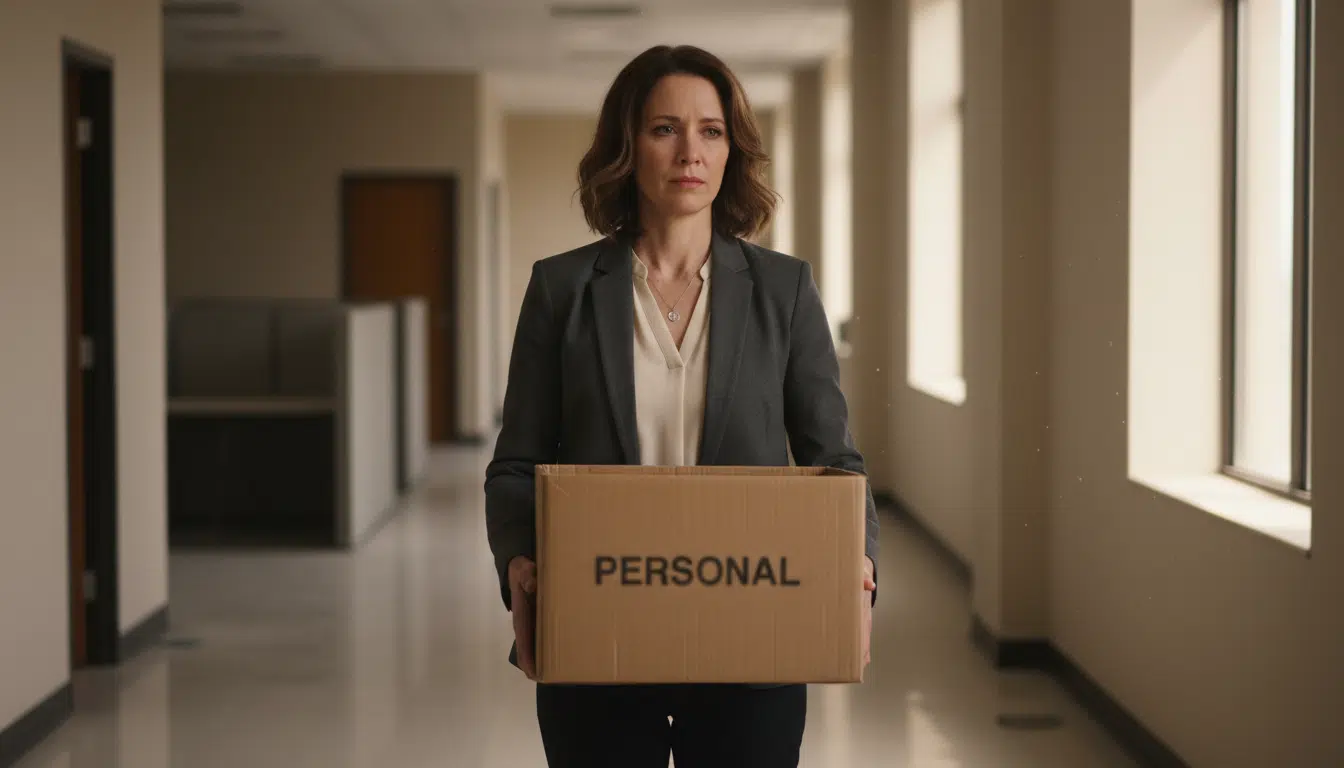 Employée quittant son bureau avec ses affaires