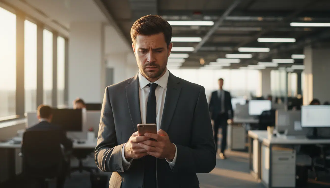 Cadre anxieux lisant un message sur son téléphone