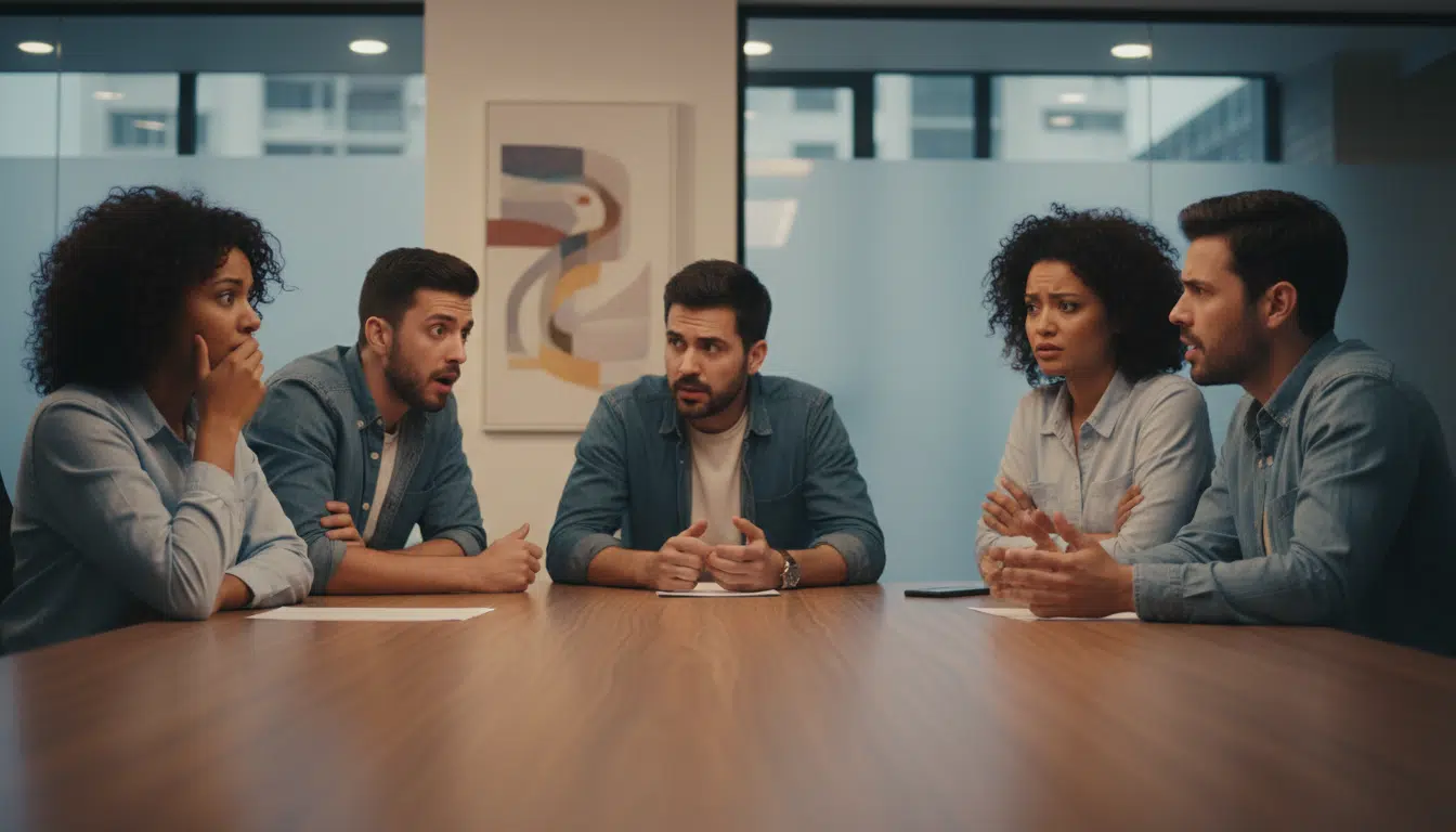 Collègues inquiets dans un bureau open space