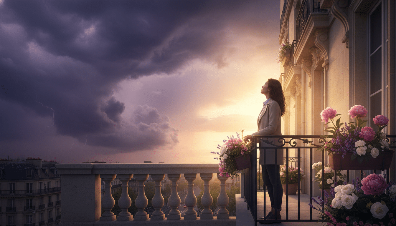 Ciel partagé entre soleil et nuages d'orage menaçants