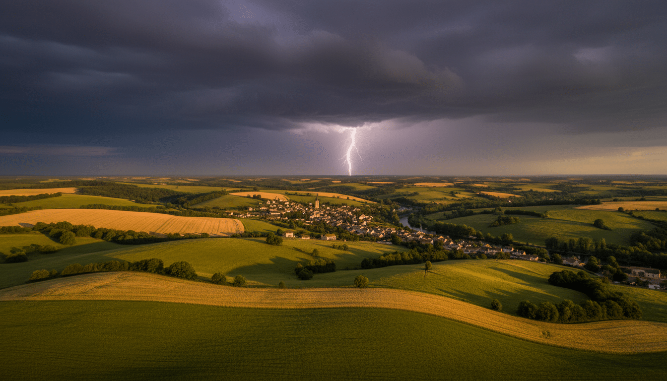Éclairs au-dessus de la campagne auvergnate en France