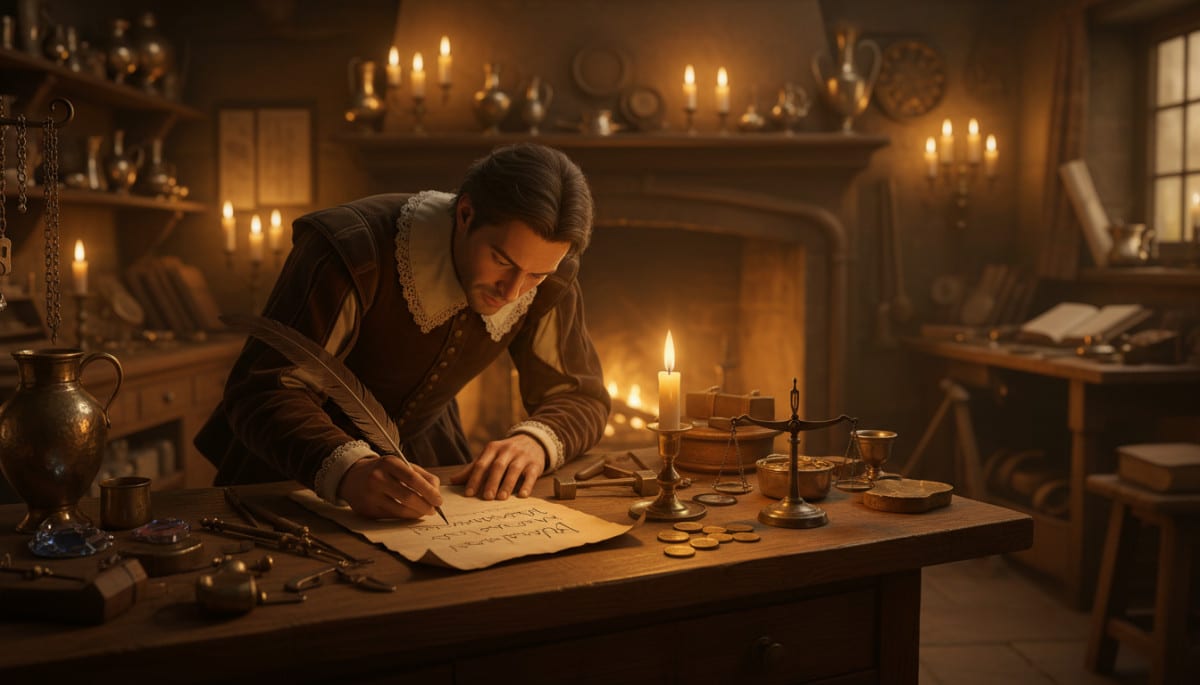 Orfèvre londonien rédigeant un billet financier manuscrit au XVIIe siècle