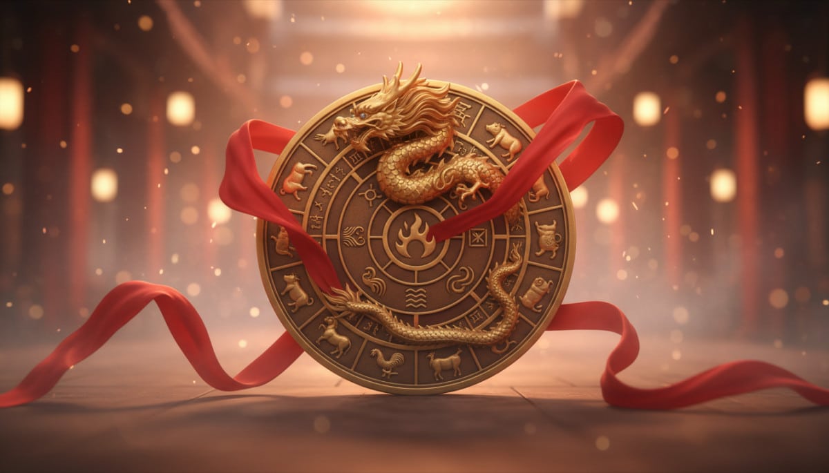 Ornate Chinese zodiac compass surrounded by five elements symbols (fire water earth metal wood), red