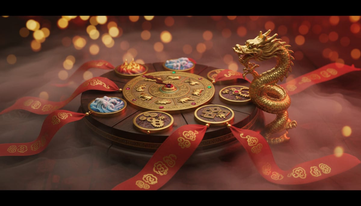 Ornate Chinese zodiac compass surrounded by five elements symbols (fire water earth metal wood), red