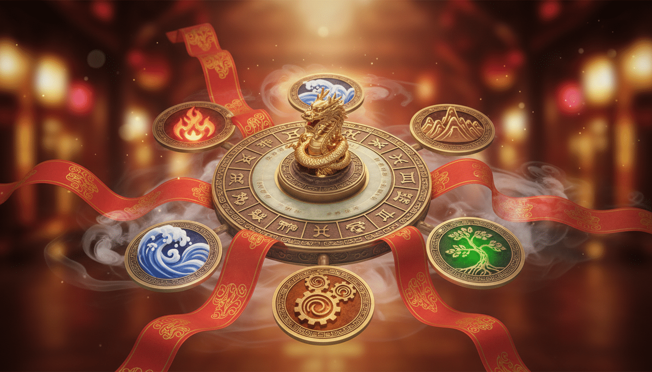 Ornate Chinese zodiac compass surrounded by five elements symbols (fire water earth metal wood), red