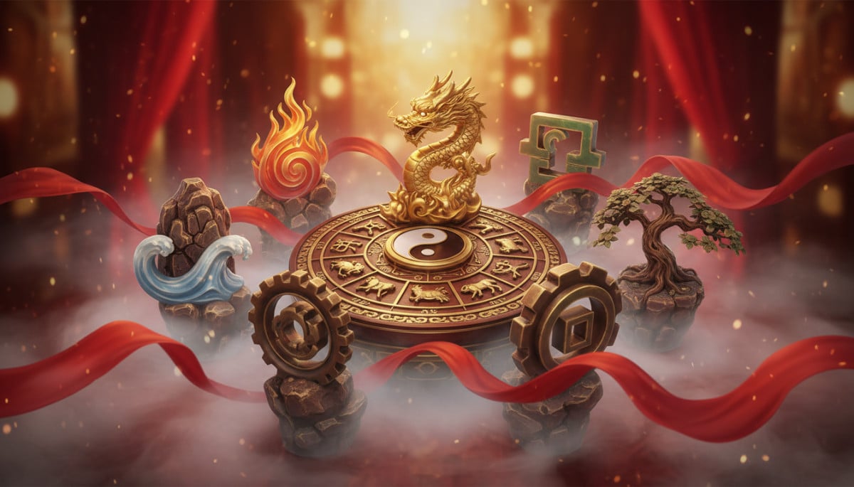 Ornate Chinese zodiac compass surrounded by five elements symbols (fire water earth metal wood), red