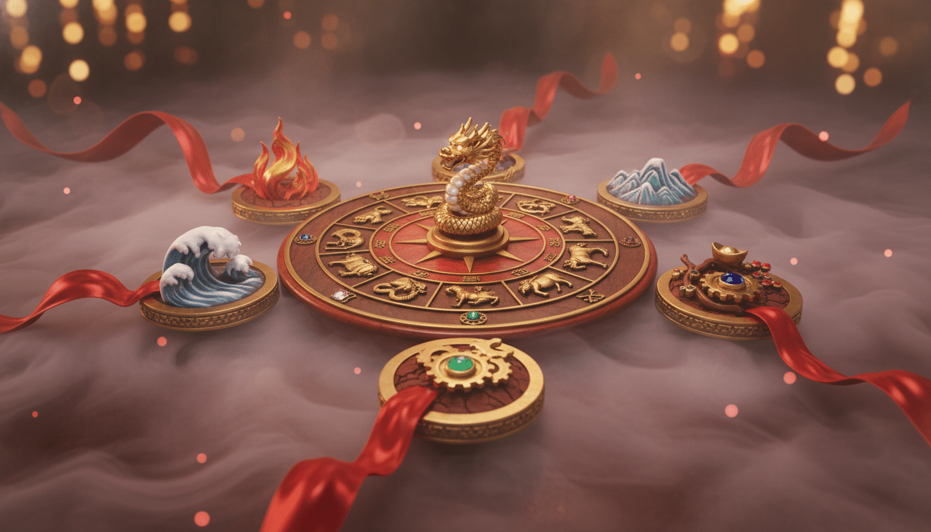 Ornate Chinese zodiac compass surrounded by five elements symbols (fire water earth metal wood), red