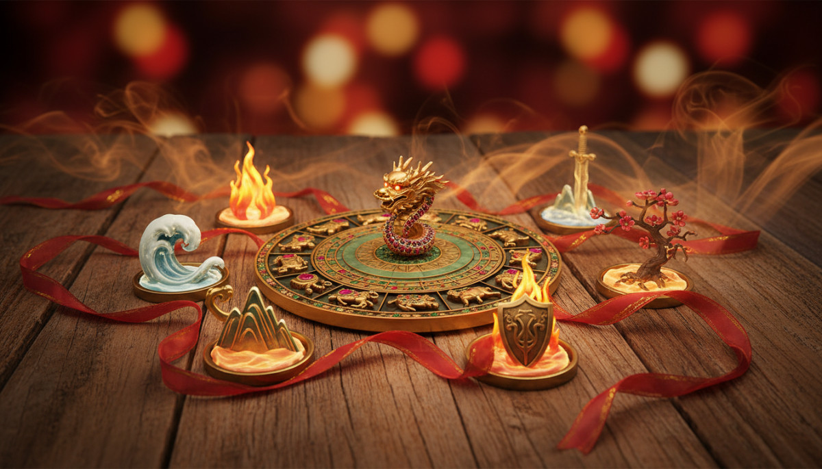 Ornate Chinese zodiac compass surrounded by five elements symbols (fire water earth metal wood), red