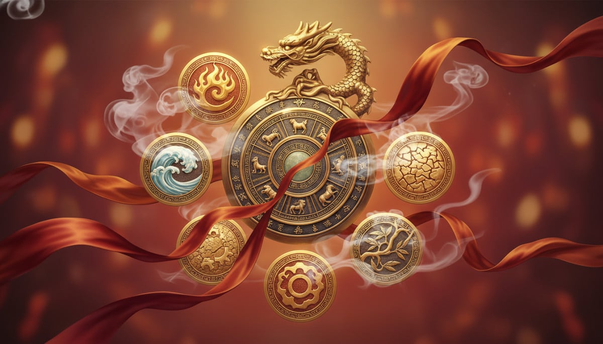 Ornate Chinese zodiac compass surrounded by five elements symbols (fire water earth metal wood), red