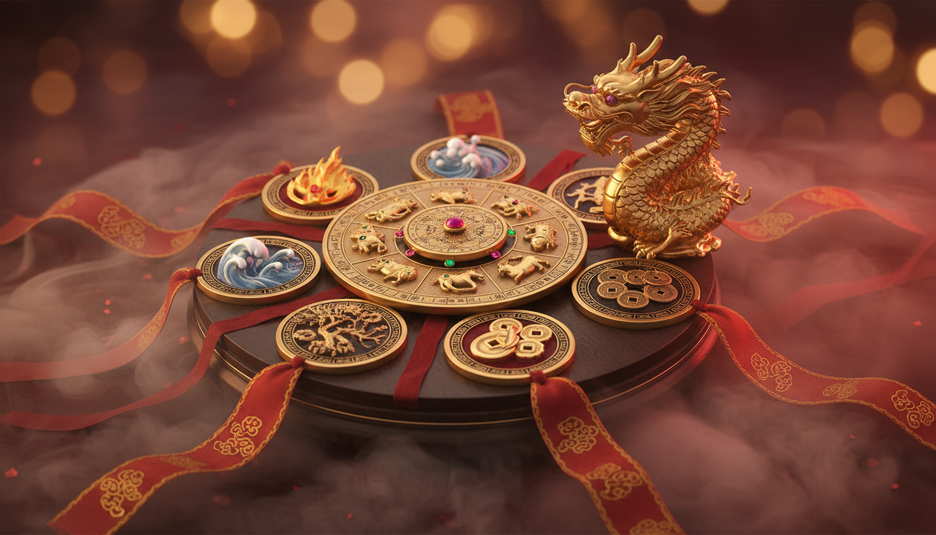 Ornate Chinese zodiac compass surrounded by five elements symbols (fire water earth metal wood), red