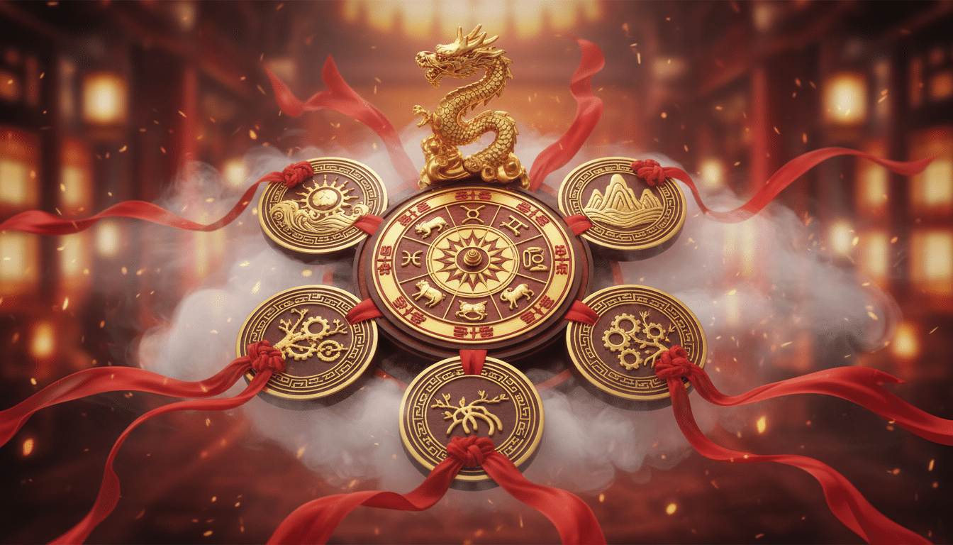 Ornate Chinese zodiac compass surrounded by five elements symbols (fire water earth metal wood), red