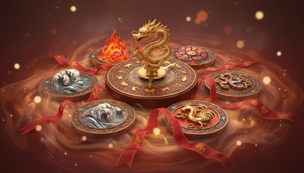 Ornate Chinese zodiac compass surrounded by five elements symbols (fire water earth metal wood), red