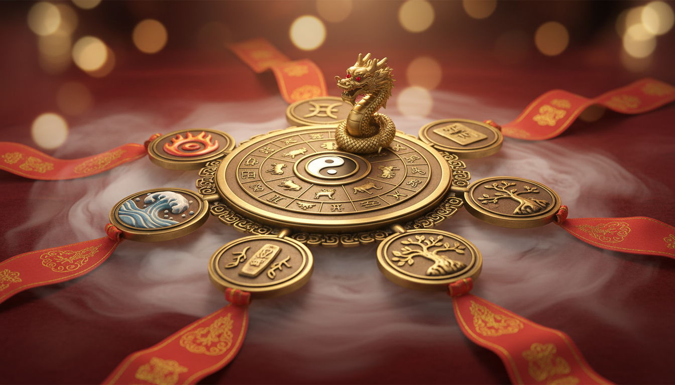 Ornate Chinese zodiac compass surrounded by five elements symbols (fire water earth metal wood), red