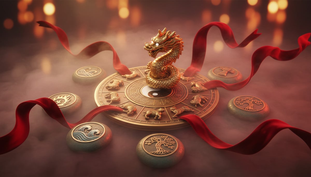 Ornate Chinese zodiac compass surrounded by five elements symbols (fire water earth metal wood), red