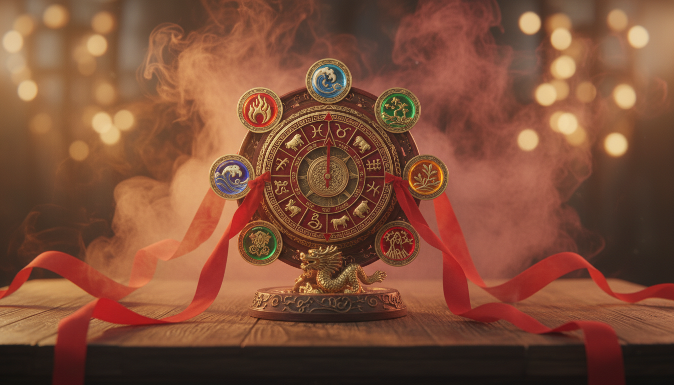 Ornate Chinese zodiac compass surrounded by five elements symbols (fire water earth metal wood), red