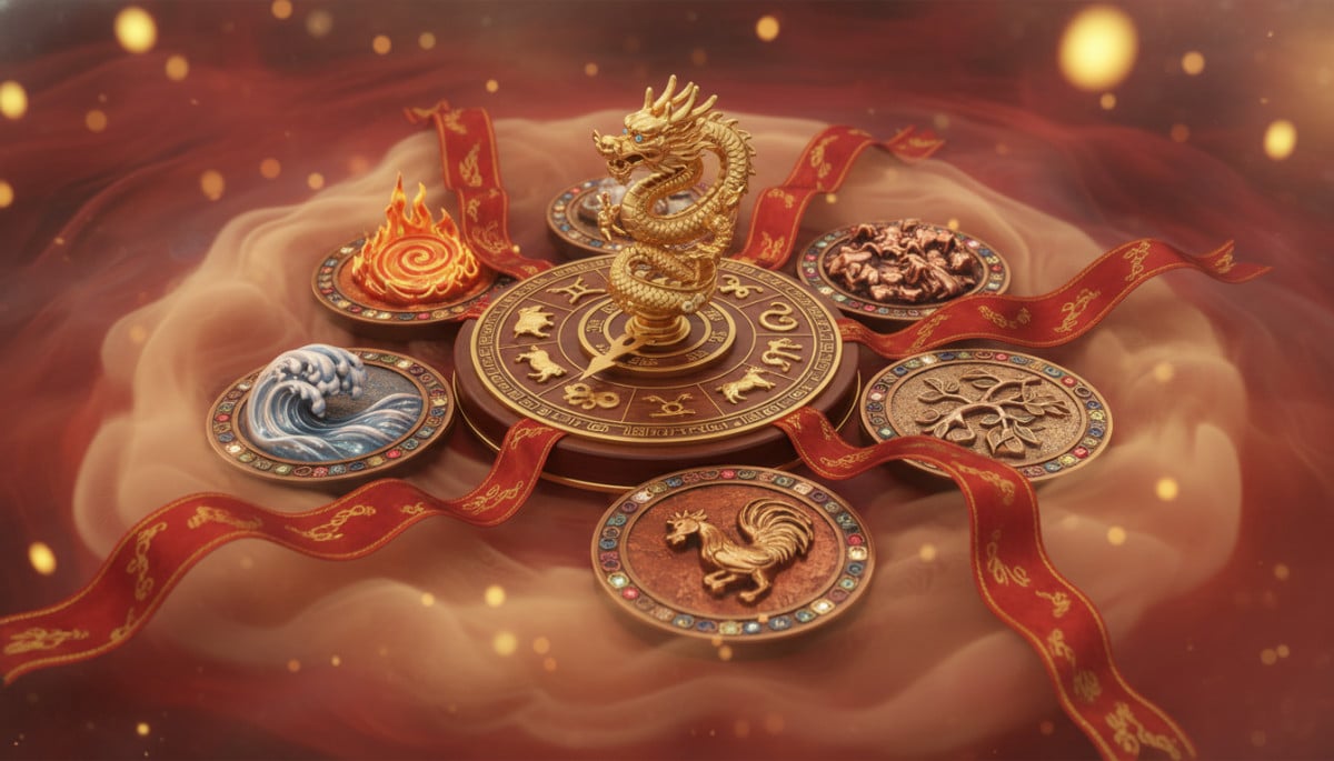 Ornate Chinese zodiac compass surrounded by five elements symbols (fire water earth metal wood), red
