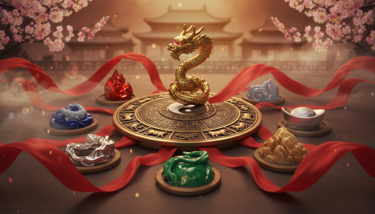 Ornate Chinese zodiac compass surrounded by five elements symbols (fire water earth metal wood), red