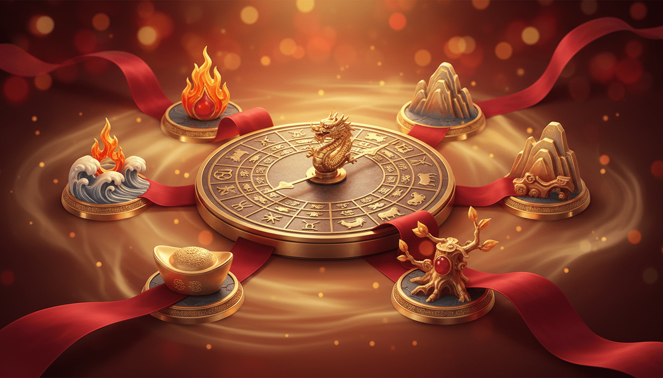 Ornate Chinese zodiac compass surrounded by five elements symbols (fire water earth metal wood), red